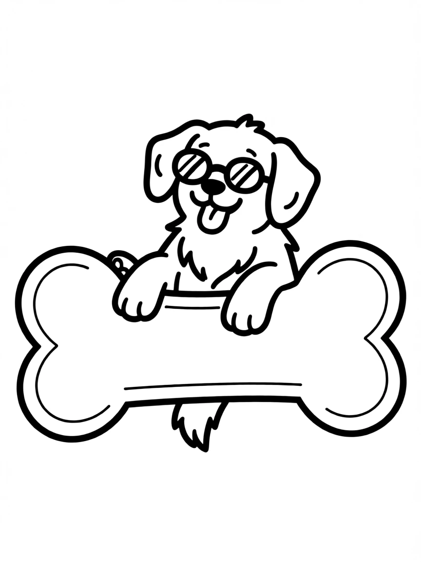 A dog wearing tiny sunglasses, lounging on a giant bone-shaped floatie.