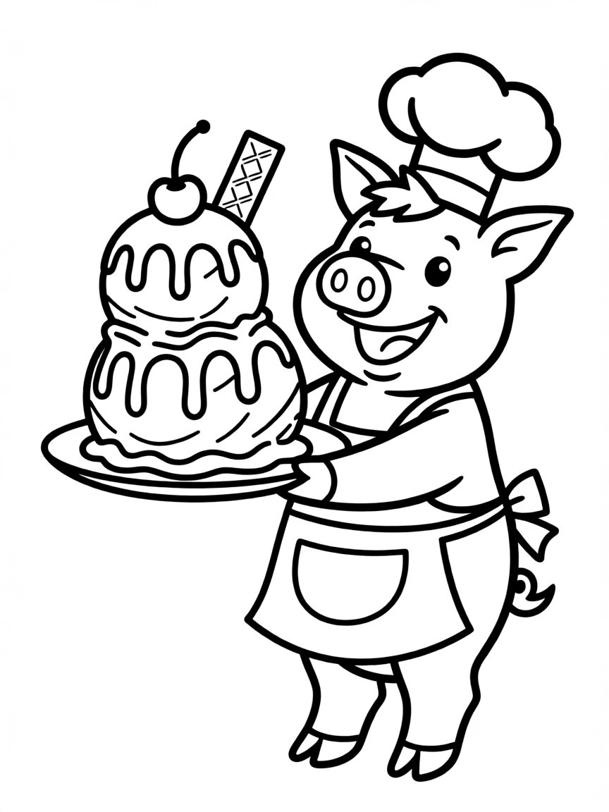 A pig wearing a tiny chef's hat, serving giant hot fudge sundaes.