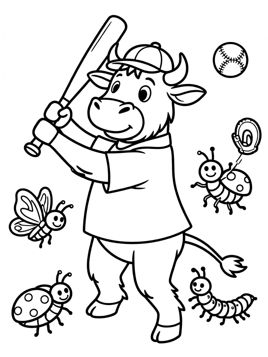 An ox wearing a tiny baseball cap, playing baseball with friendly bugs.