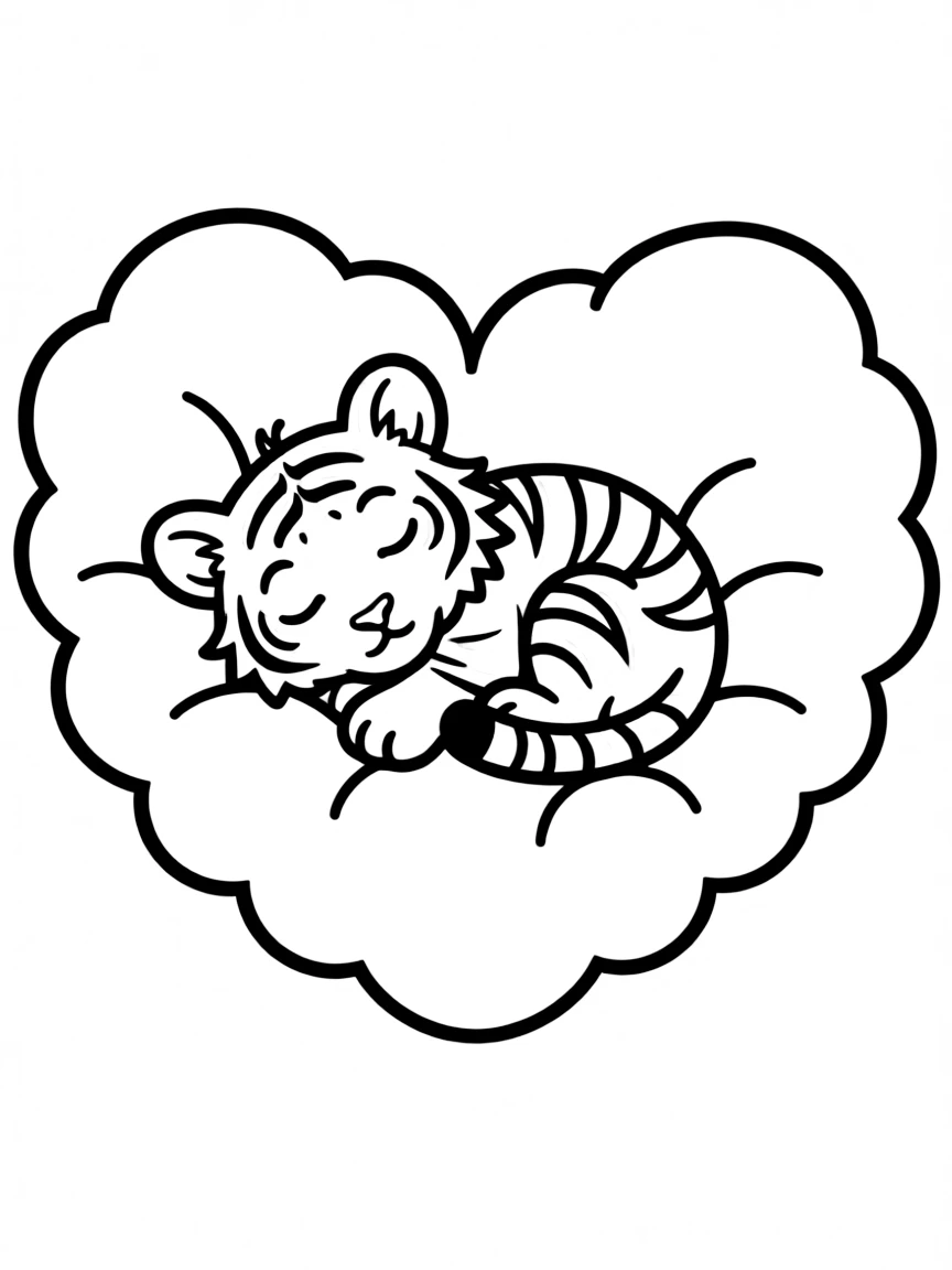 A tiger cub napping in a giant, cozy cloud shaped like a heart.