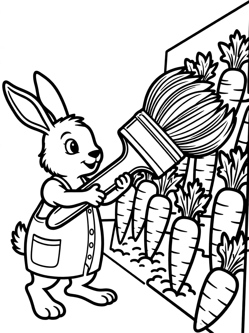A rabbit holding a giant paintbrush, painting a mural of a carrot field.