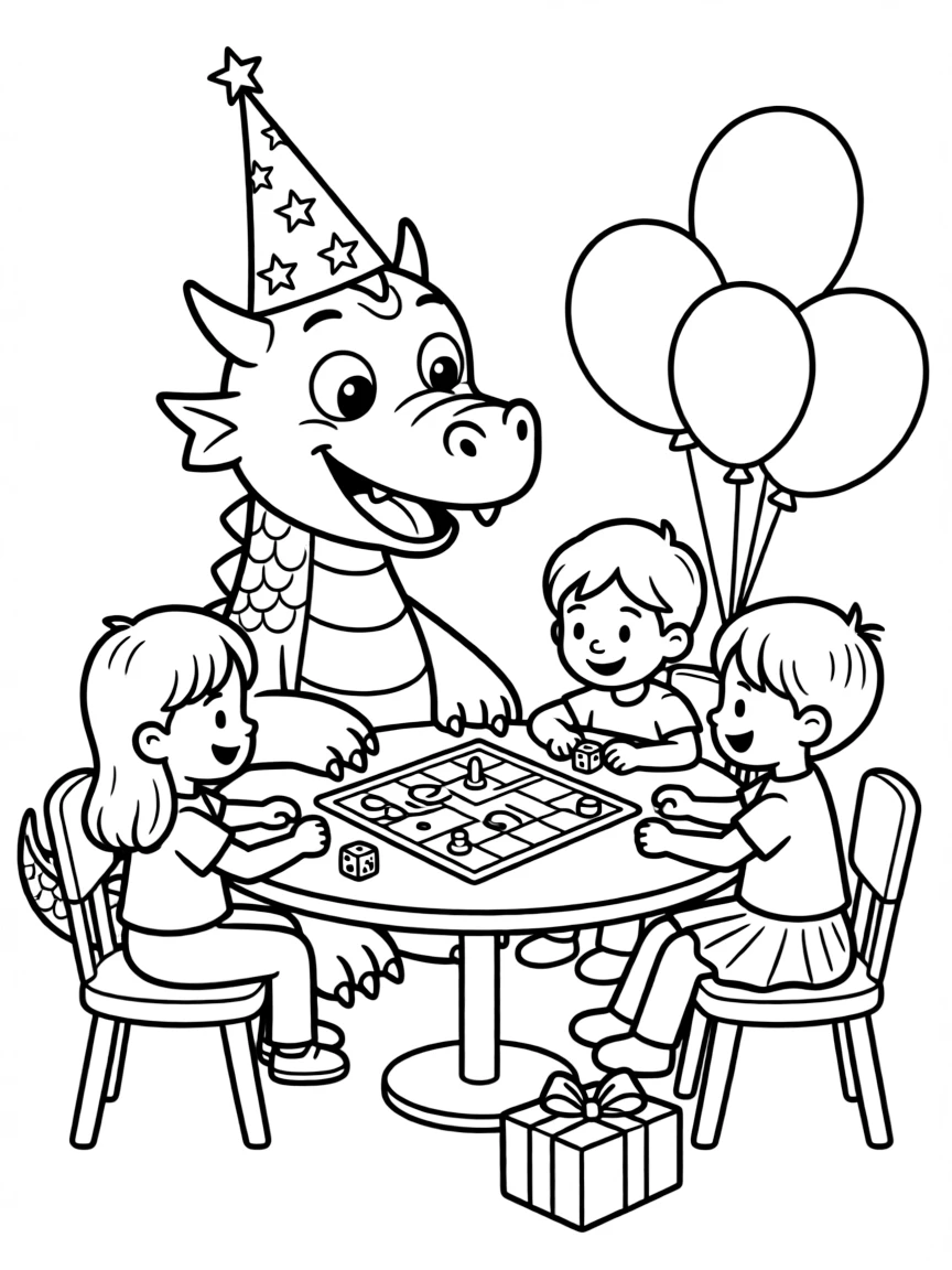 A dragon wearing a party hat, playing board games with friends.