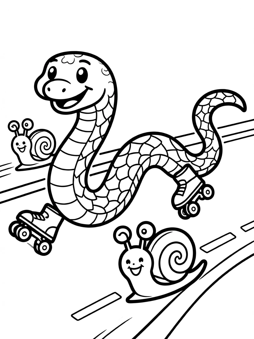 A snake wearing tiny roller skates, racing a group of snails.