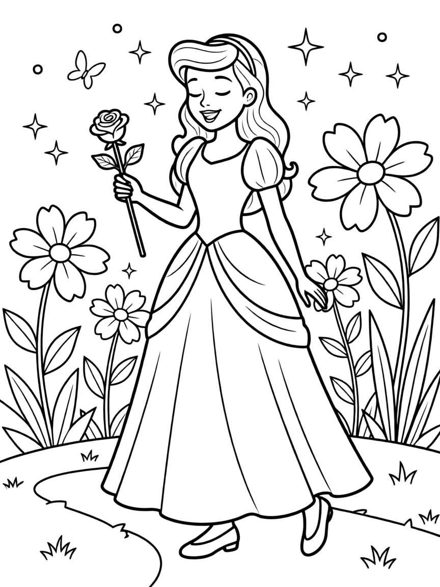 A beautiful princess with a flowing gown, holding a single rose, standing in a magical garden.