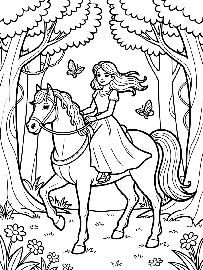 A brave princess riding a majestic horse through an enchanted forest, her hair blowing in the wind.