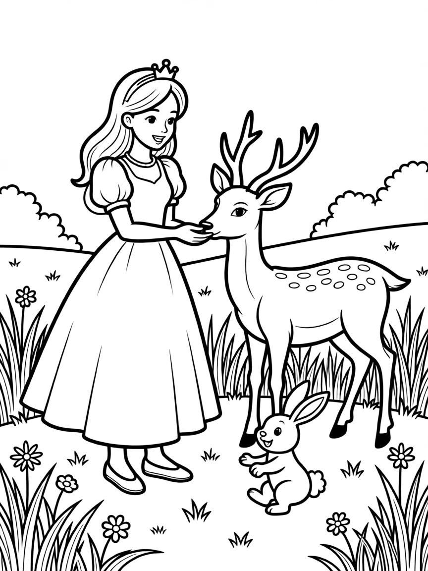 A kind princess feeding a friendly deer and a playful bunny in a sunny meadow.