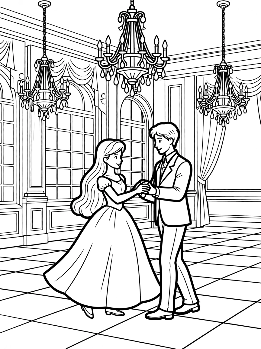 A princess dancing gracefully with a charming prince in a grand ballroom, surrounded by sparkling chandeliers.
