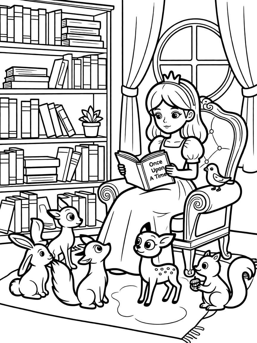 A princess reading a story to a group of curious little animals in a cozy library.