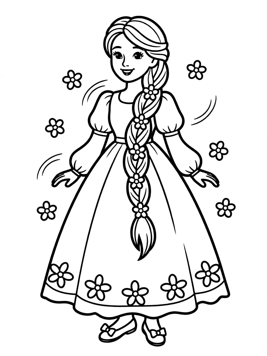 A princess with a long, braided hairstyle, adorned with delicate flowers, smiling gently.
