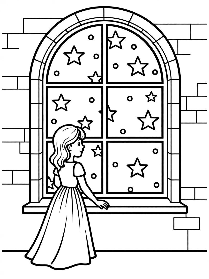 A princess looking out of a castle window at a starry night sky, dreaming.