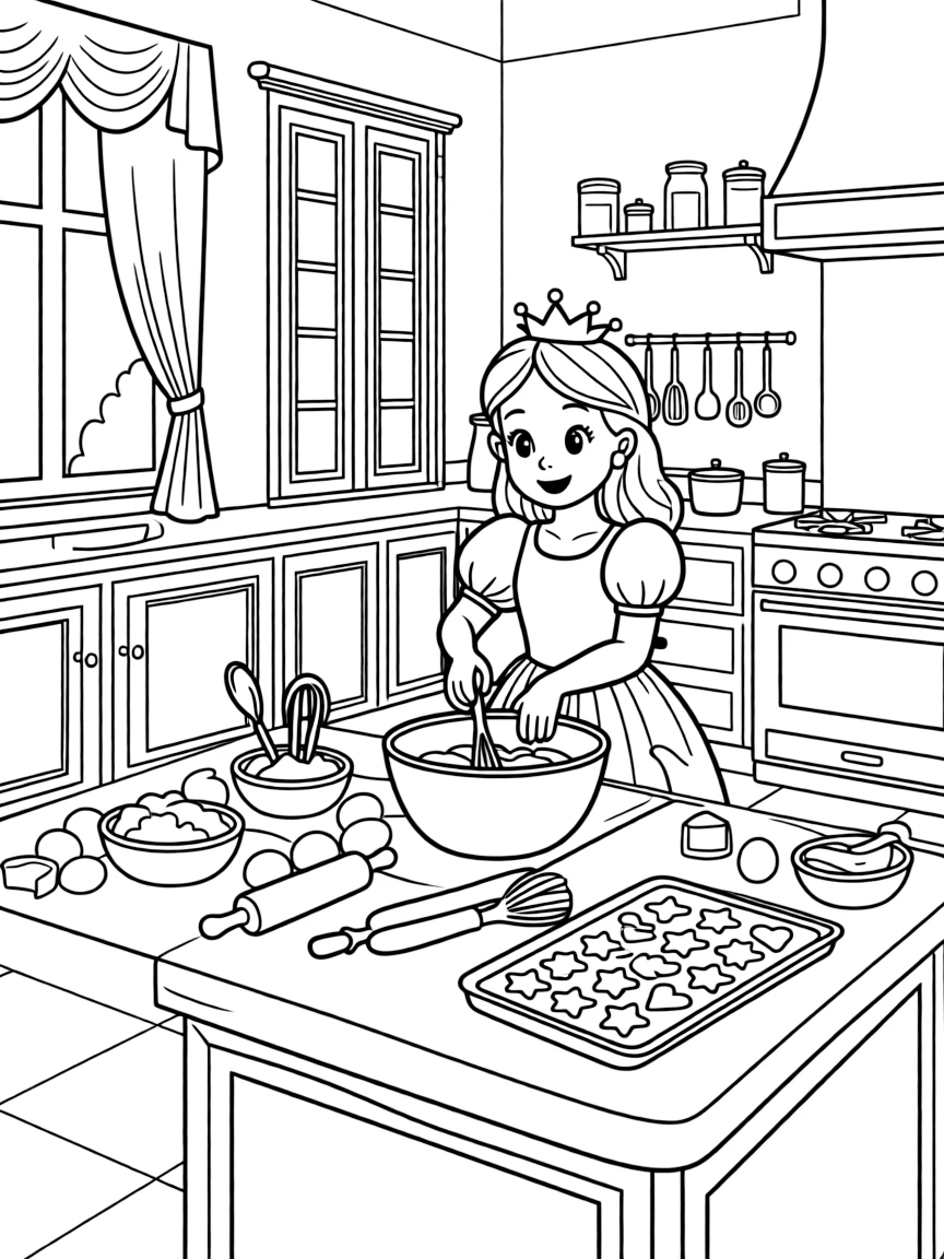 A princess baking delicious treats in a royal kitchen, surrounded by yummy ingredients.