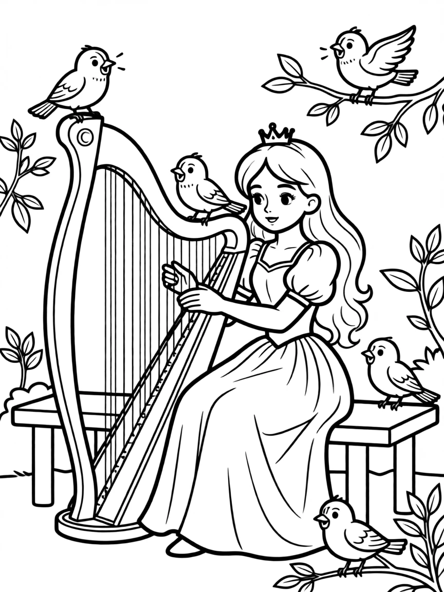 A princess playing a beautiful harp, with birds singing along to her music.
