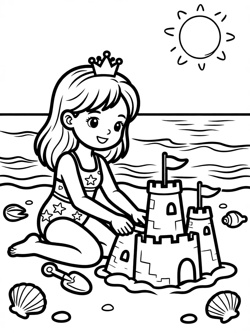 A princess building a sandcastle on a sunny beach, wearing a pretty swimsuit and a crown.