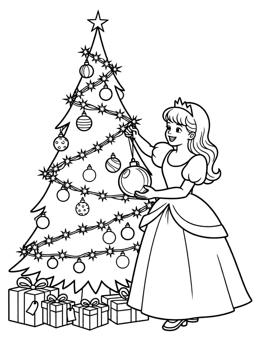 A princess decorating a Christmas tree with sparkling ornaments and twinkling lights.