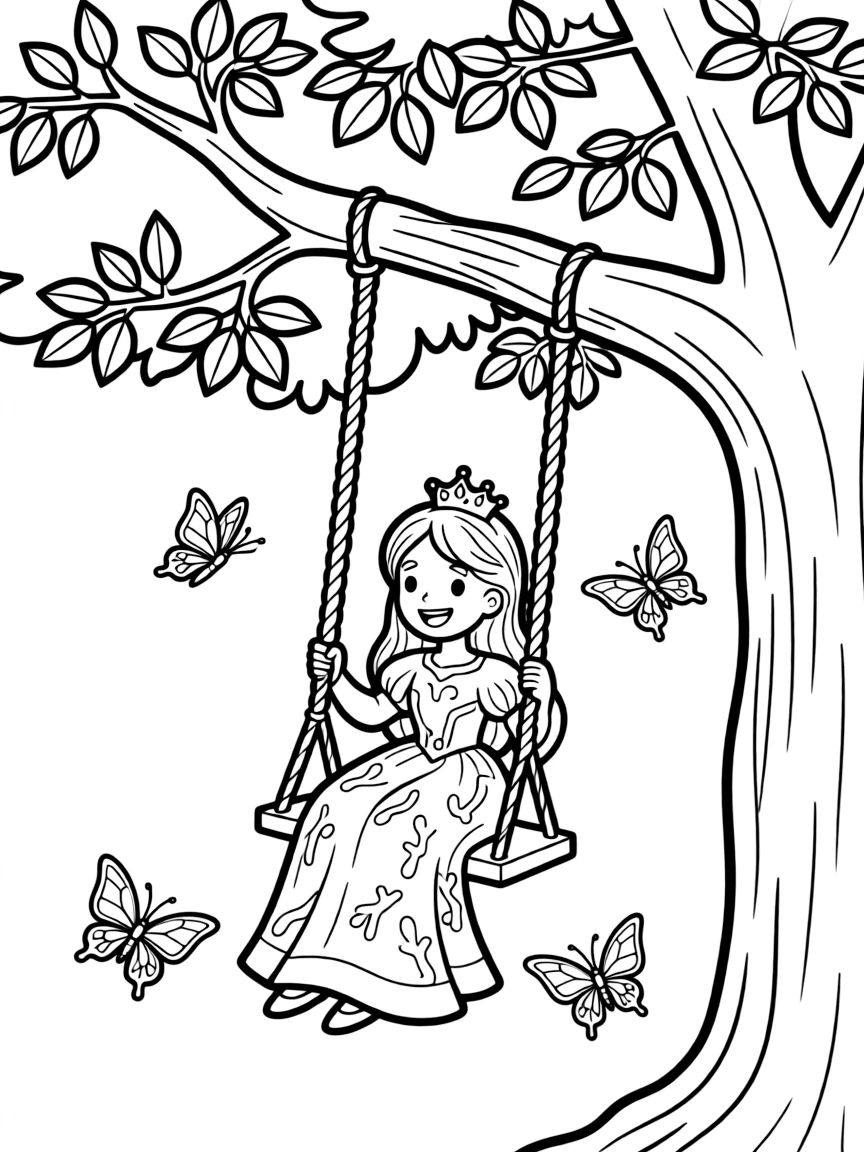 A princess on a swing, high up in a tree, with butterflies fluttering around her.
