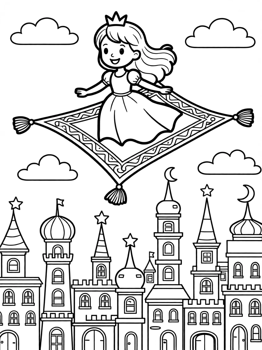 A princess flying on a magic carpet over a fantastical cityscape.