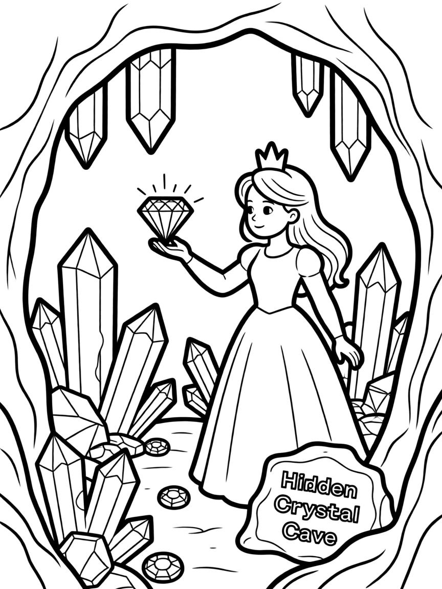 A princess exploring a hidden cave filled with glistening crystals and sparkling gems.