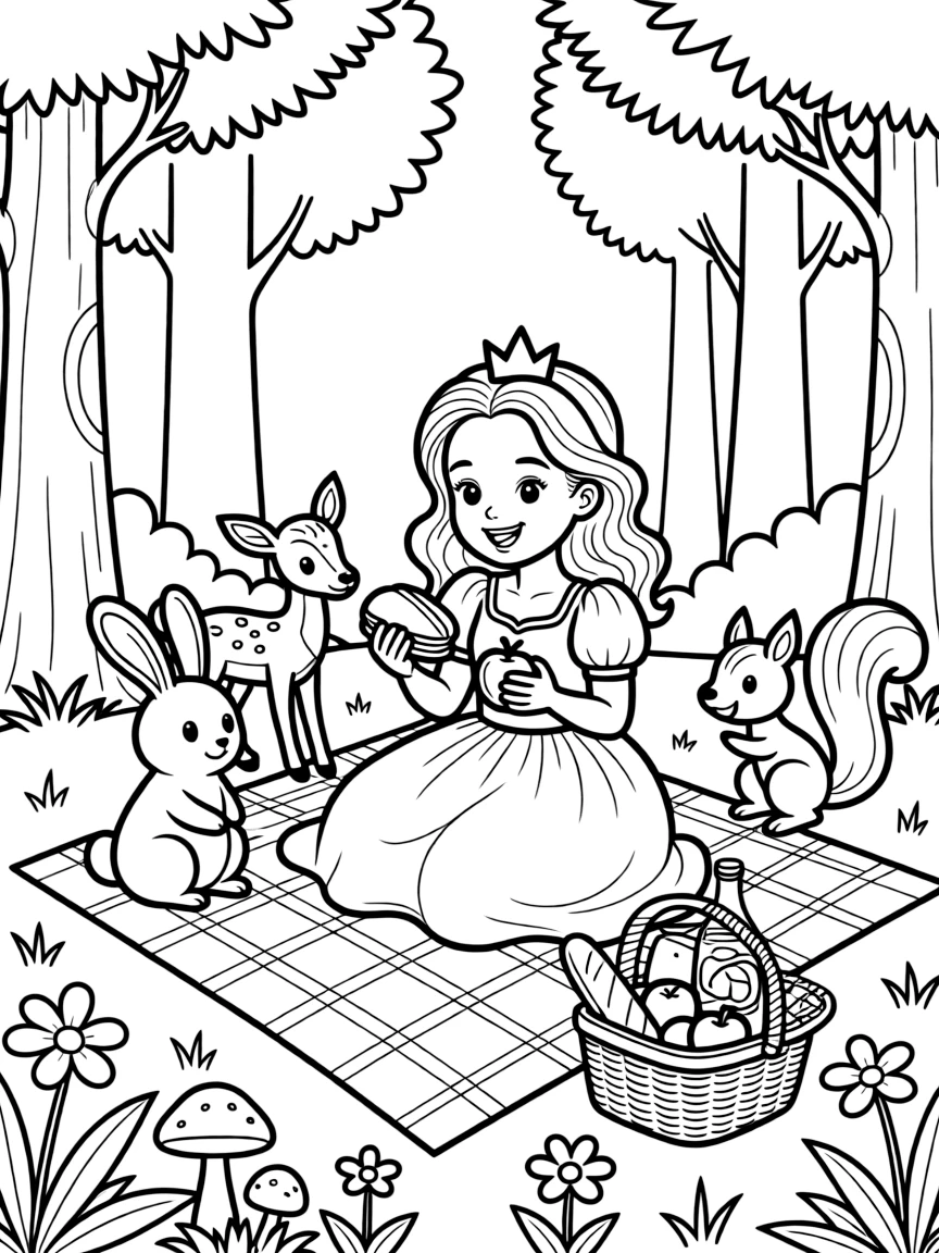 A princess having a picnic with her animal friends in a lush, green forest.