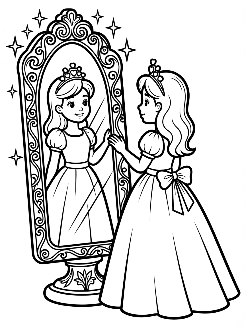 A princess admiring her reflection in a magical mirror, adorned with a lovely tiara.