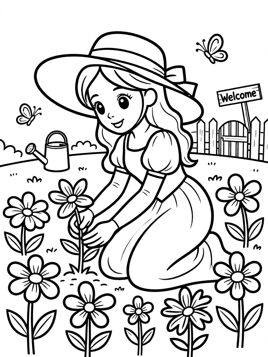 A princess planting flowers in a vibrant garden, wearing a wide-brimmed hat.