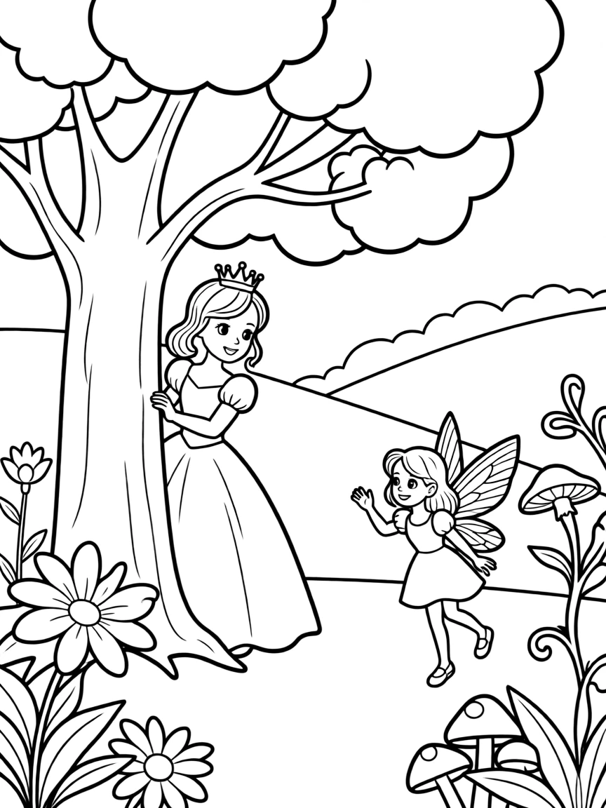 A princess playing hide-and-seek with a mischievous fairy in a whimsical forest.