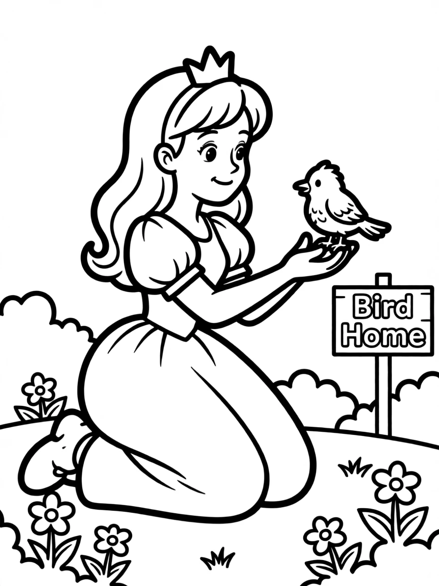 A princess helping a lost little bird find its way home, gentle and caring.
