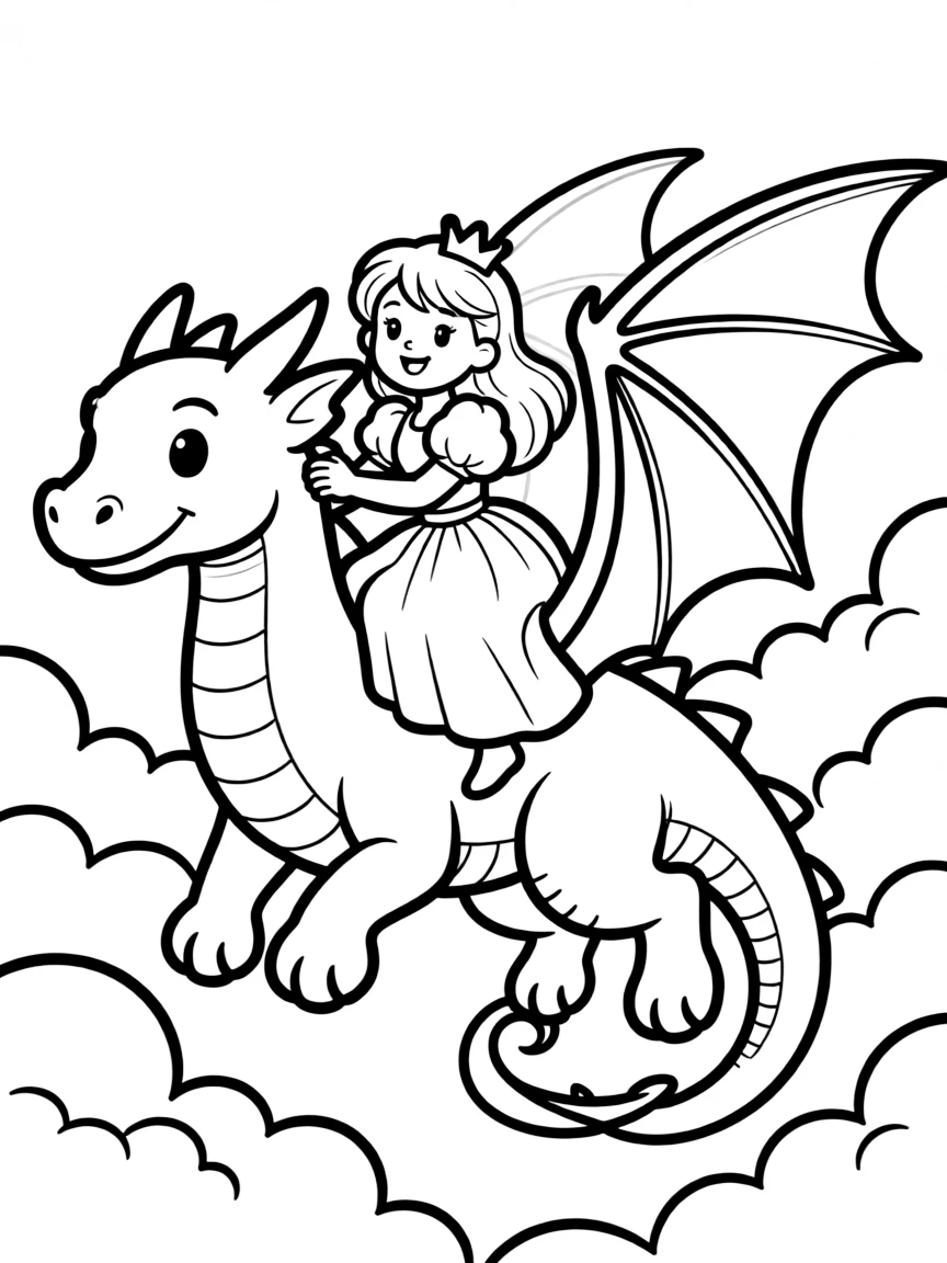 A princess riding a friendly dragon through fluffy clouds, looking adventurous.