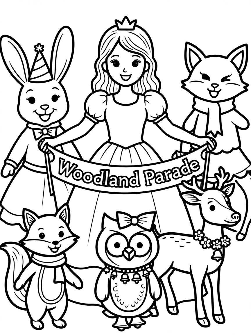 A princess leading a parade of adorable woodland creatures, all in festive attire.