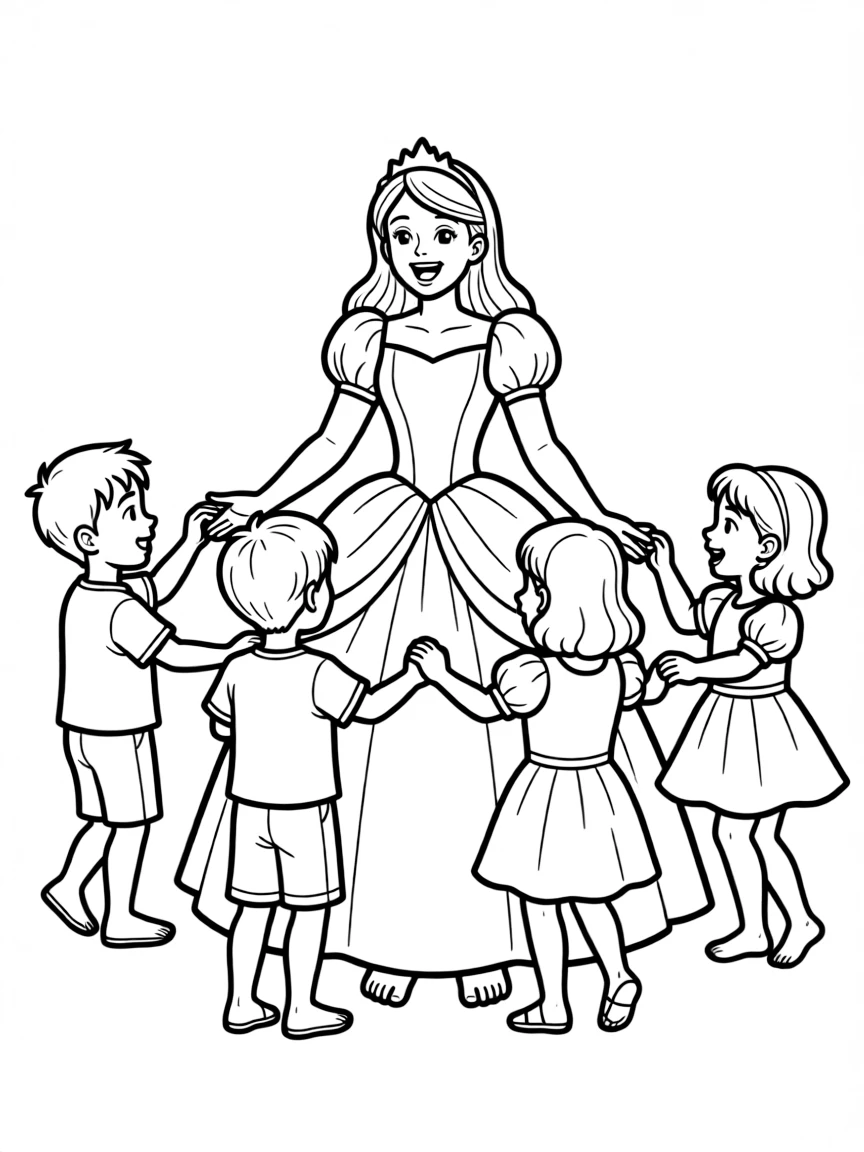 A princess teaching a group of young children how to dance, laughing happily.