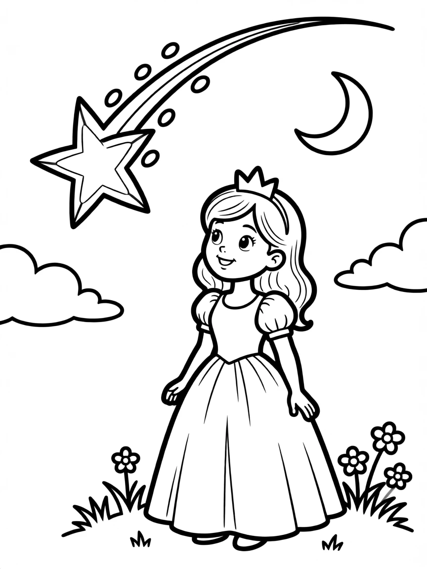 A princess making a wish upon a shooting star, with a hopeful expression.