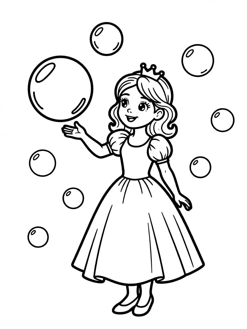 A princess surrounded by floating bubbles, reaching out to pop one playfully.