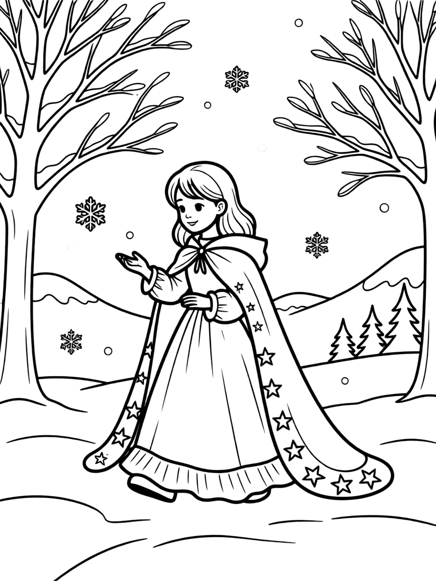A princess wearing a beautiful cloak, walking through a snowy wonderland.