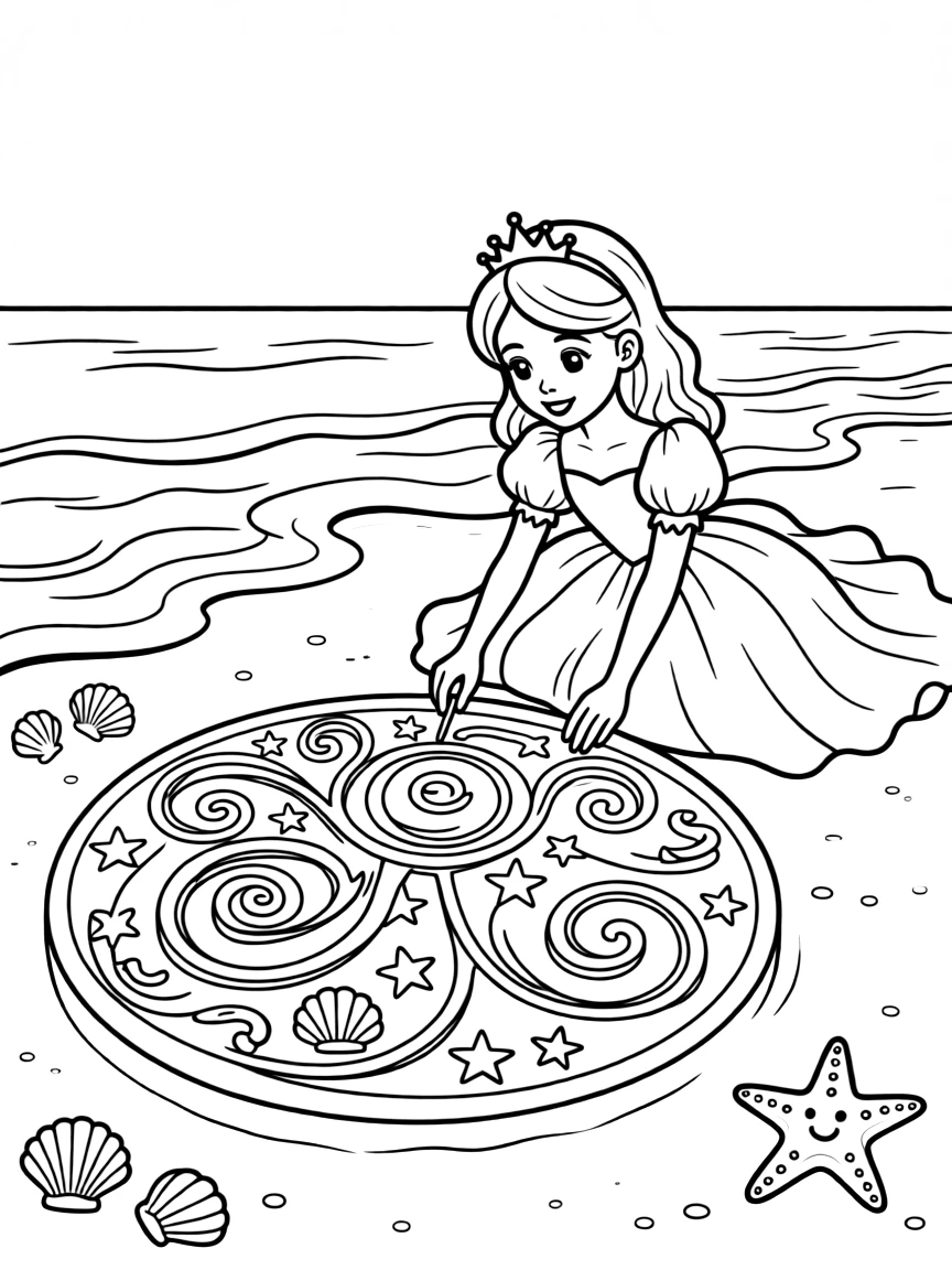 A princess creating a beautiful sand art design on a magical beach.