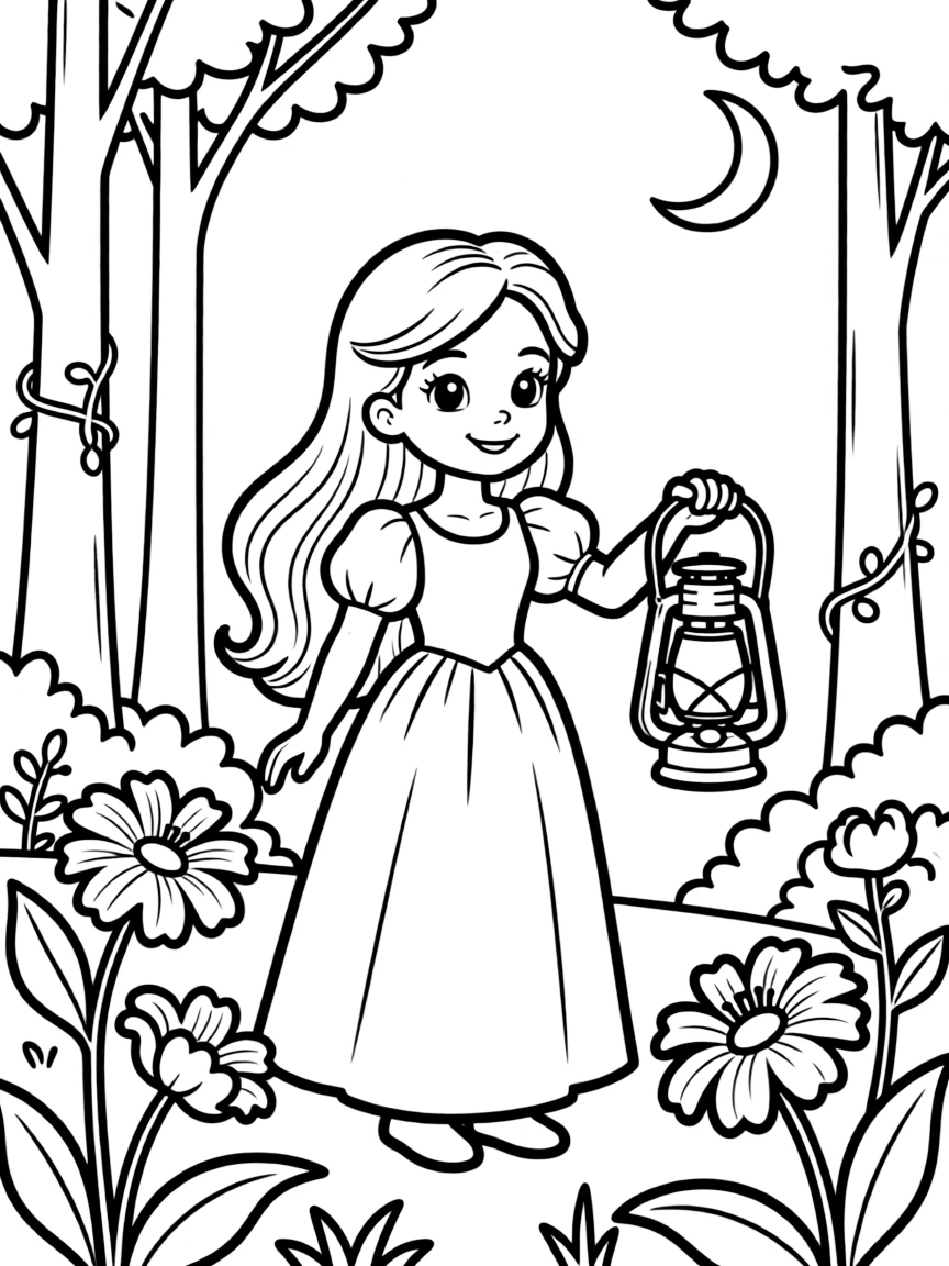 A princess holding a lantern, exploring a mysterious, moonlit garden.