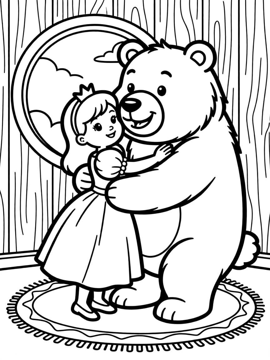 A princess giving a big hug to a fluffy, friendly bear in a cozy den.