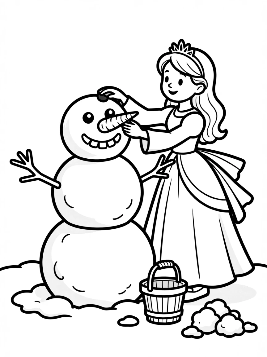 A princess building a snowman with a funny carrot nose and twig arms.