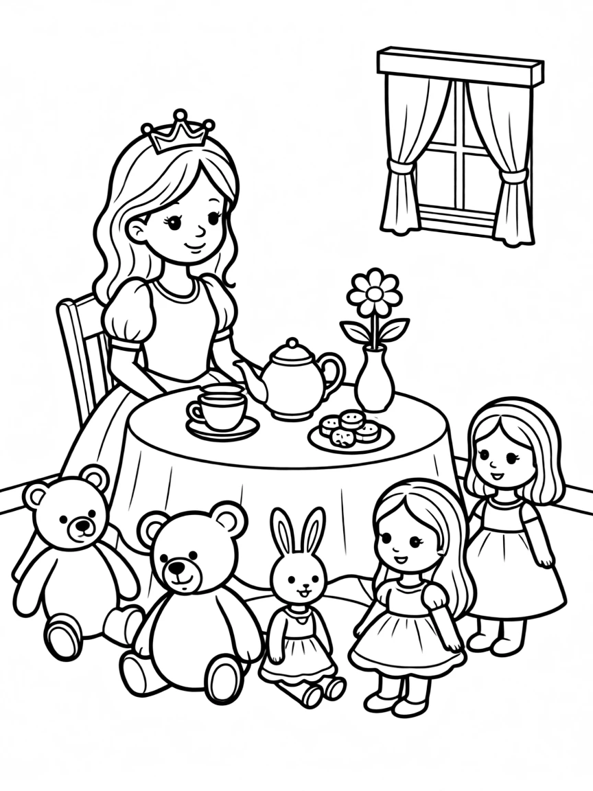 A princess having a tea party with her dolls and stuffed animals, dainty and sweet.