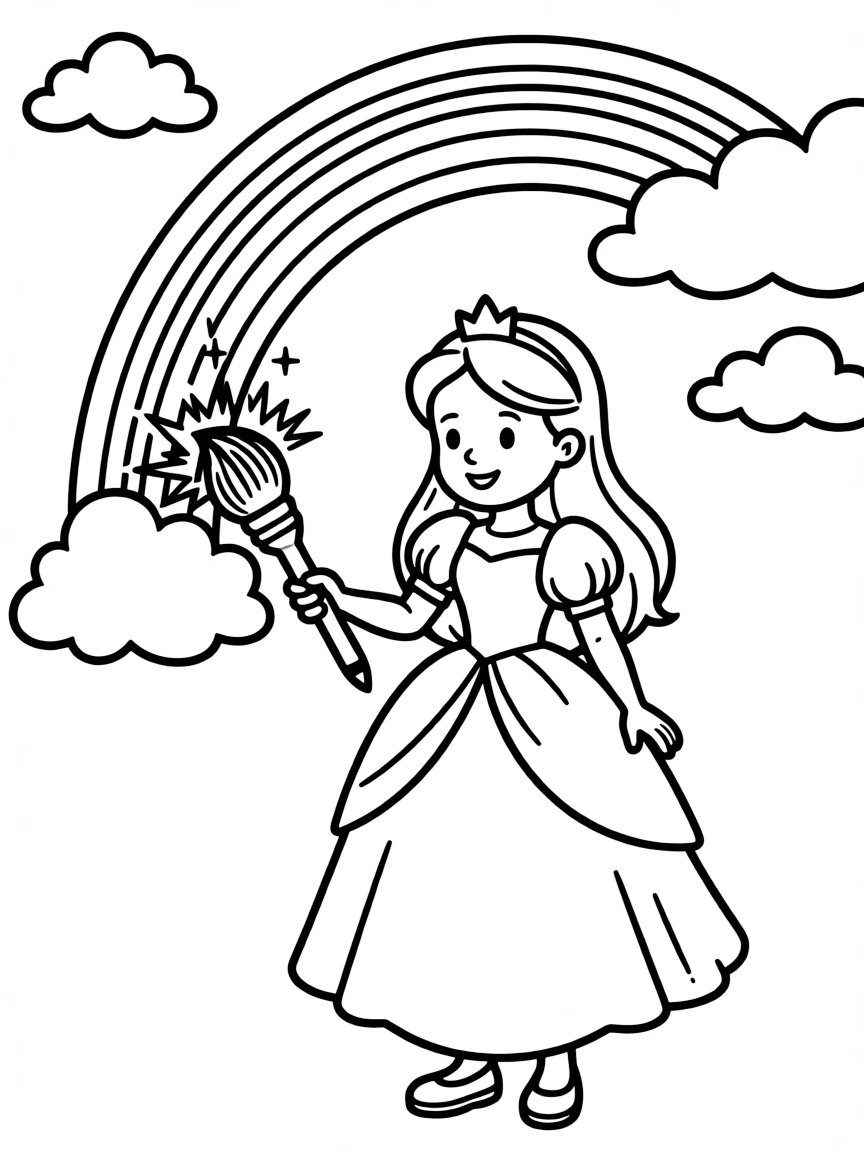 A princess painting a rainbow in the sky with a magical paintbrush.
