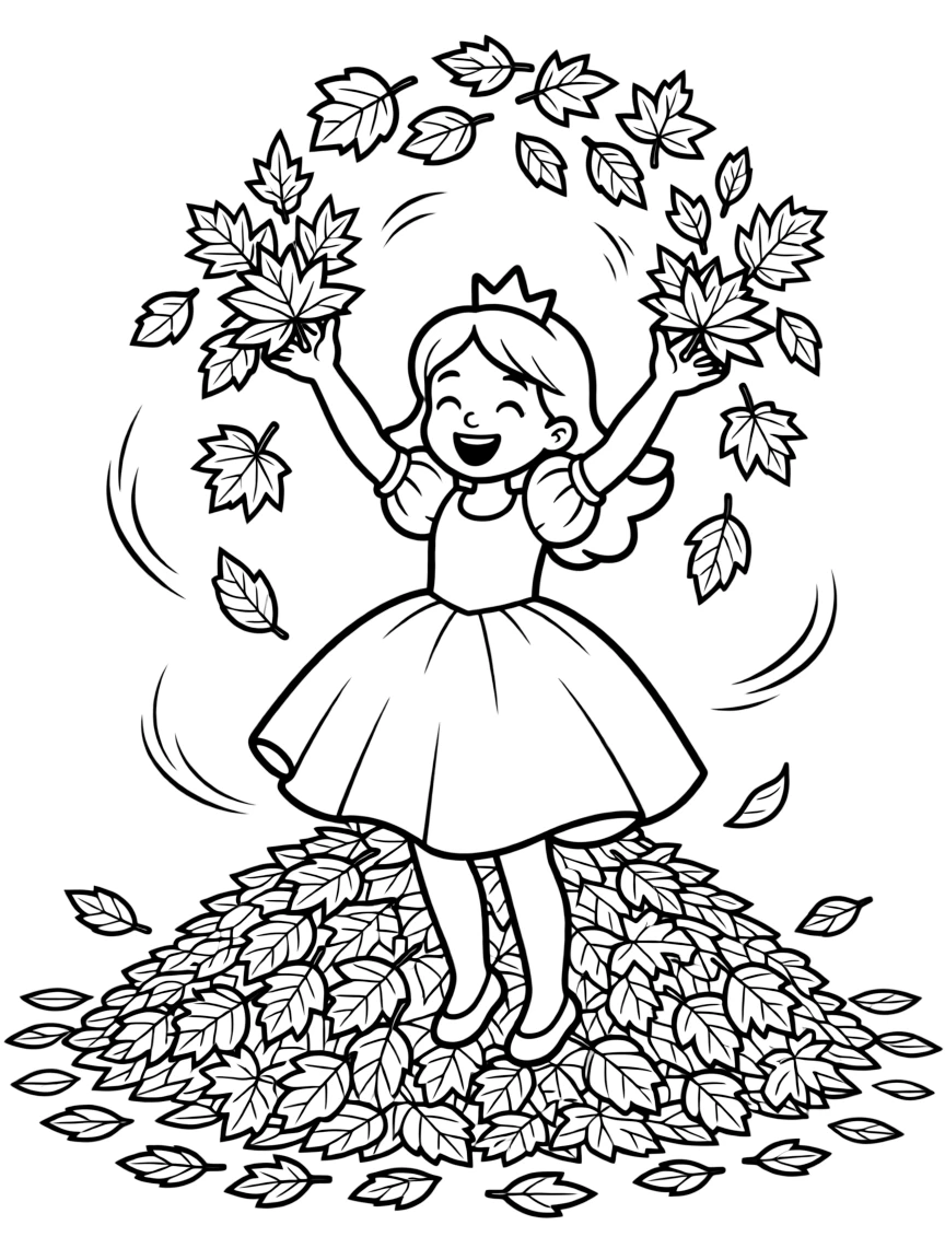 A princess playing in a pile of autumn leaves, laughing and throwing them around.
