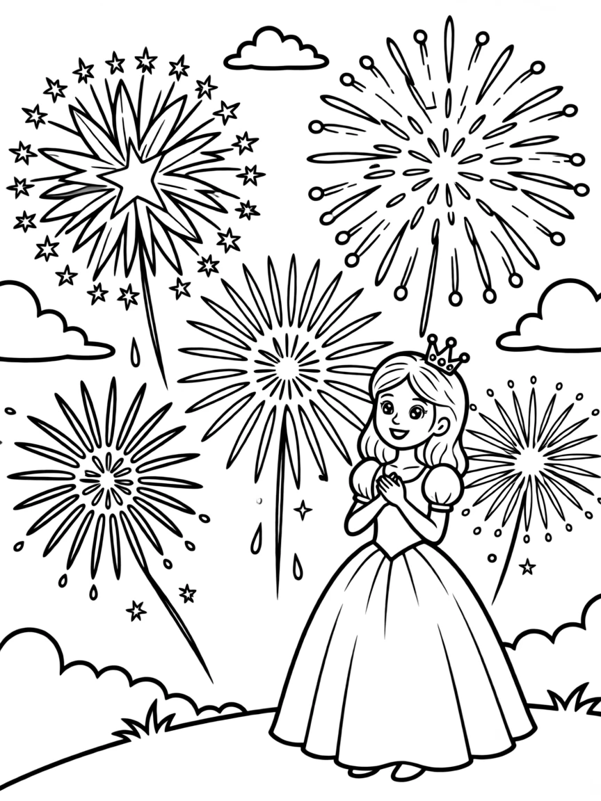 A princess watching fireworks explode in the night sky, amazed and delighted.