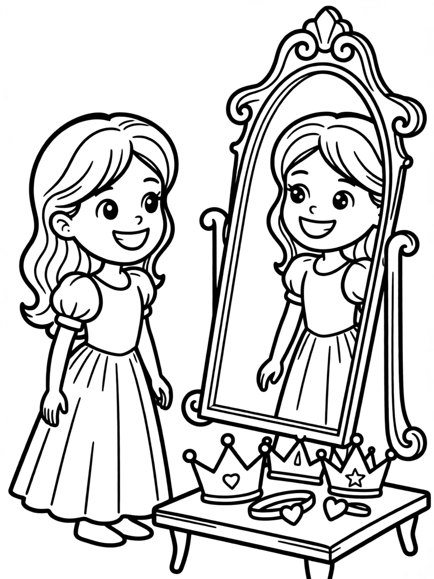 A princess trying on different crowns and tiaras, smiling in front of a mirror.
