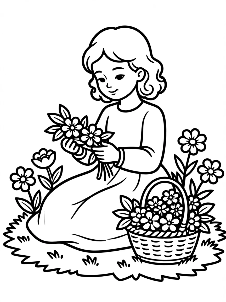A princess making a flower crown with a basket full of fresh blossoms.