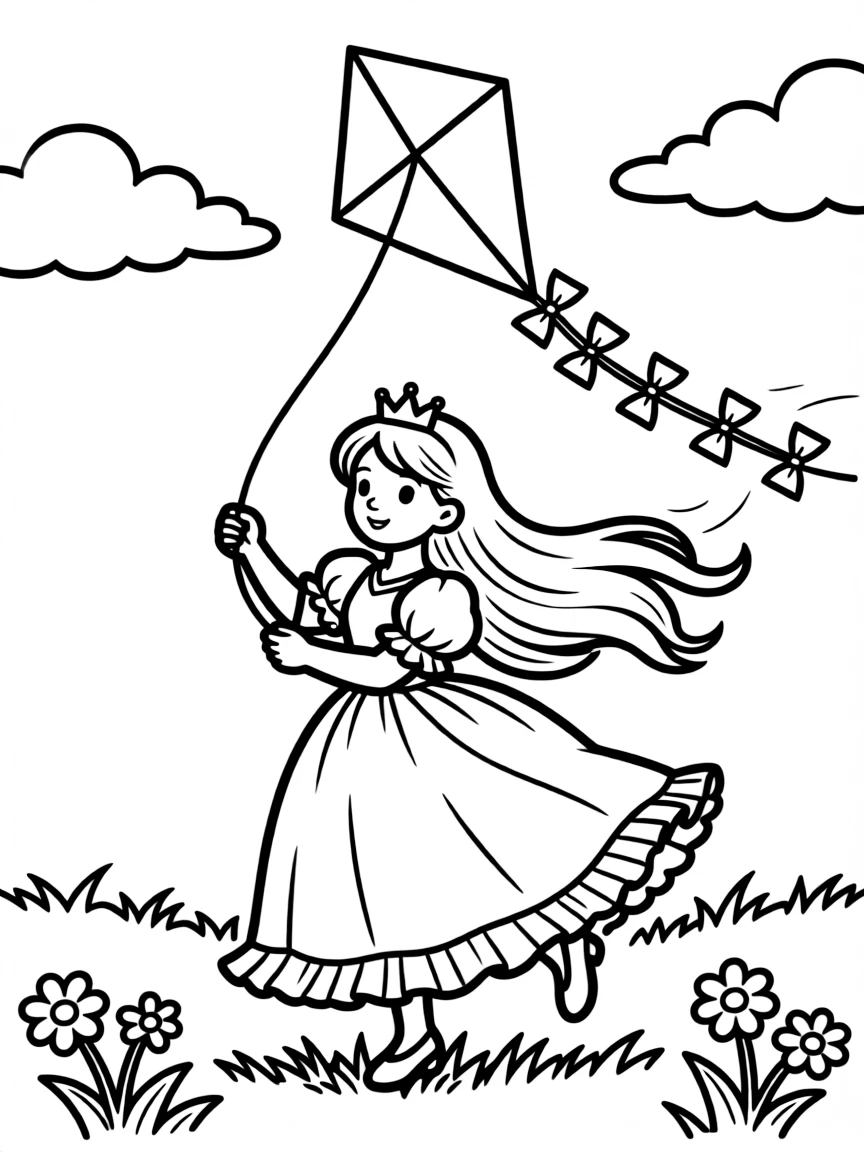 A princess flying a colorful kite on a windy day, with her long hair streaming.