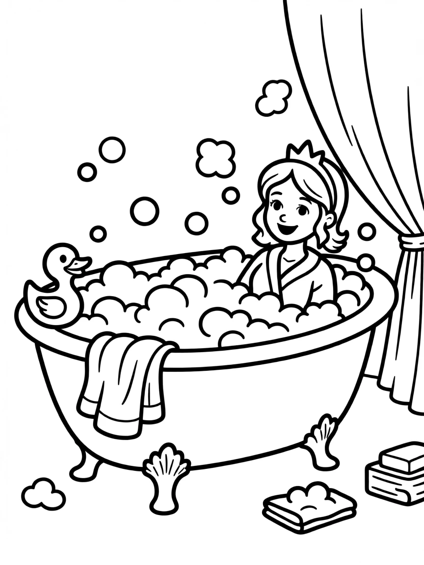 A princess taking a bubble bath, with lots of foamy bubbles and a rubber ducky.