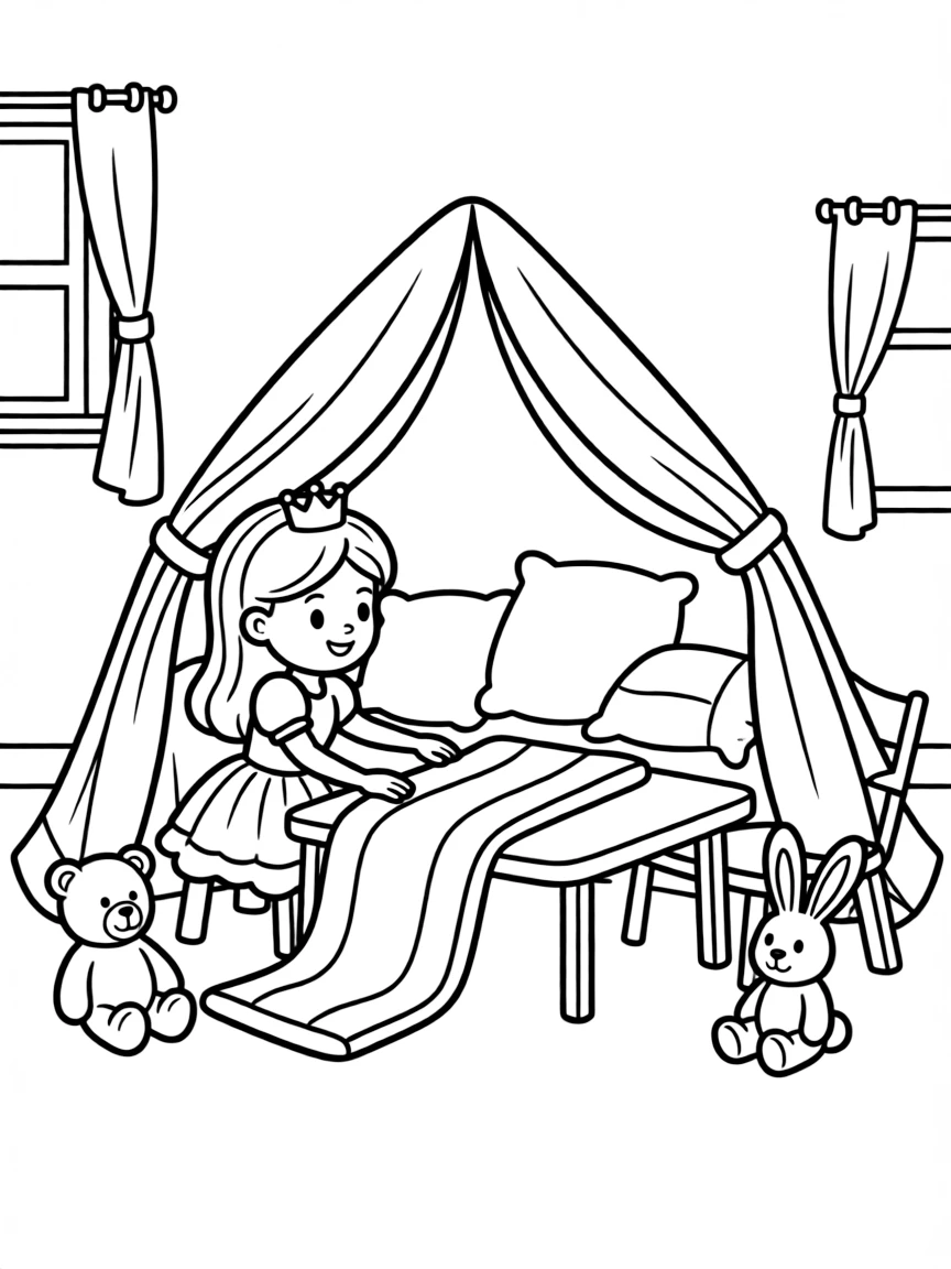 A princess building a fort out of blankets and pillows, cozy and secret.