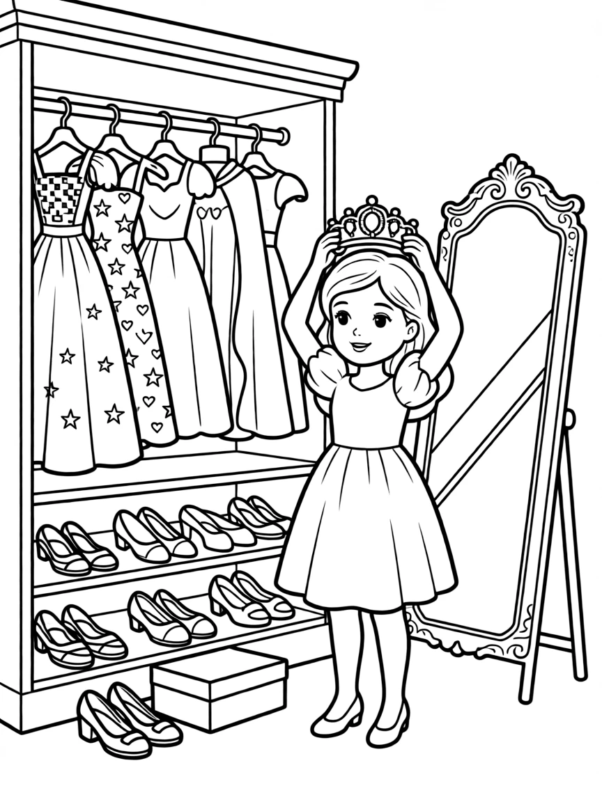 A princess playing dress-up in her royal closet, surrounded by sparkly clothes.