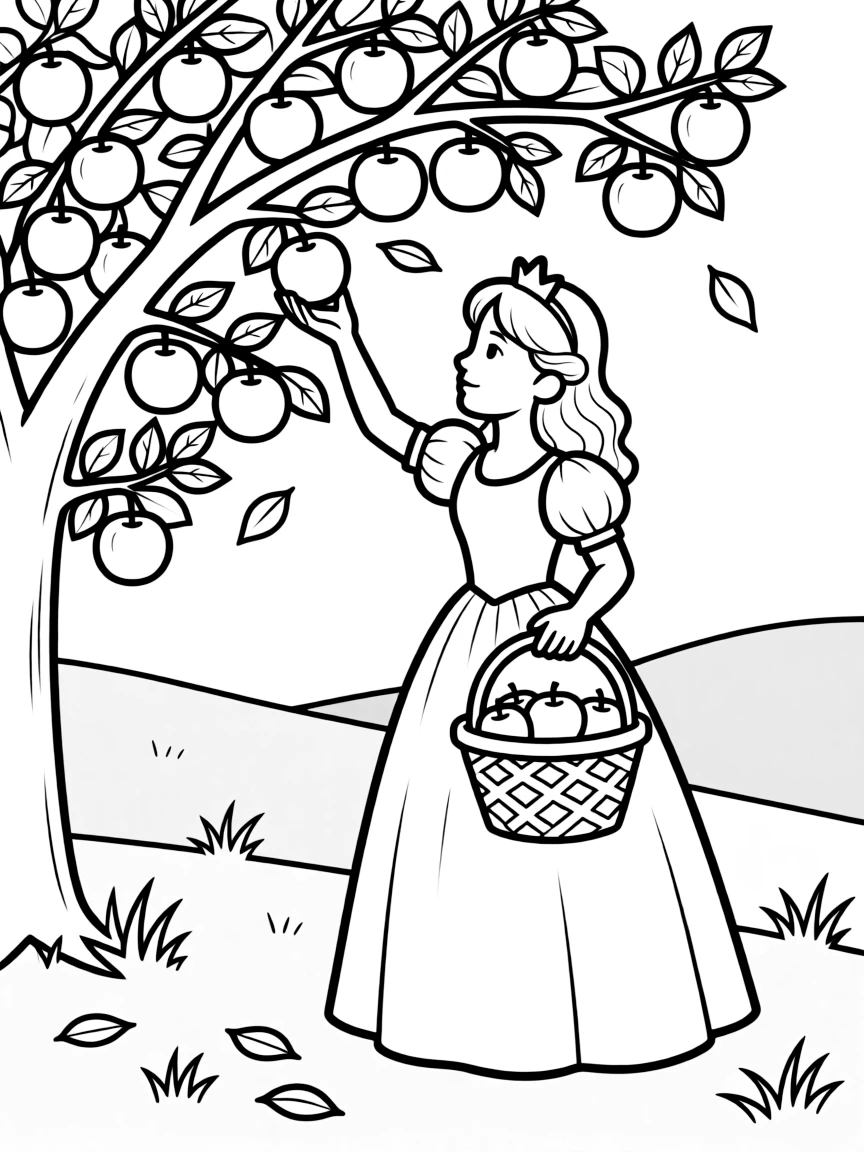 A princess with a basket of apples, picking them from a bountiful orchard.