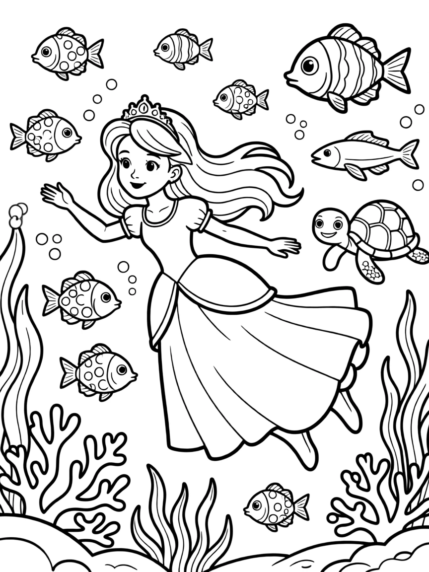 A princess exploring a magical underwater kingdom, surrounded by colorful fish.