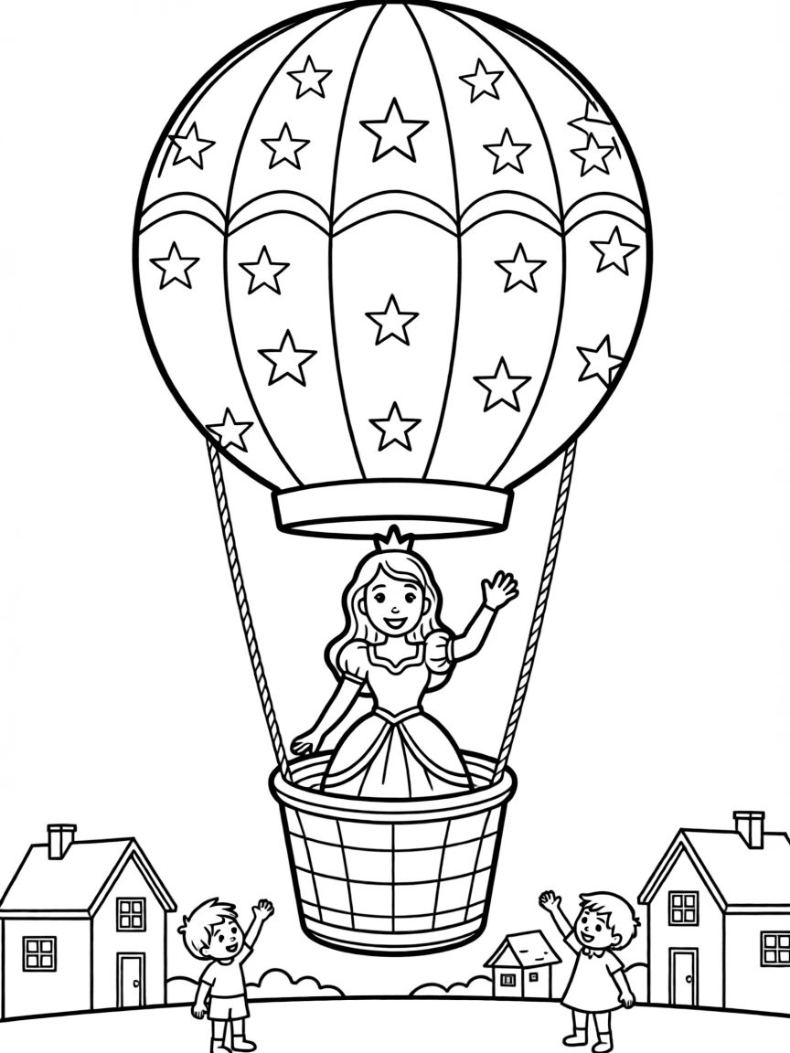 A princess on a hot air balloon ride, waving to the people below.