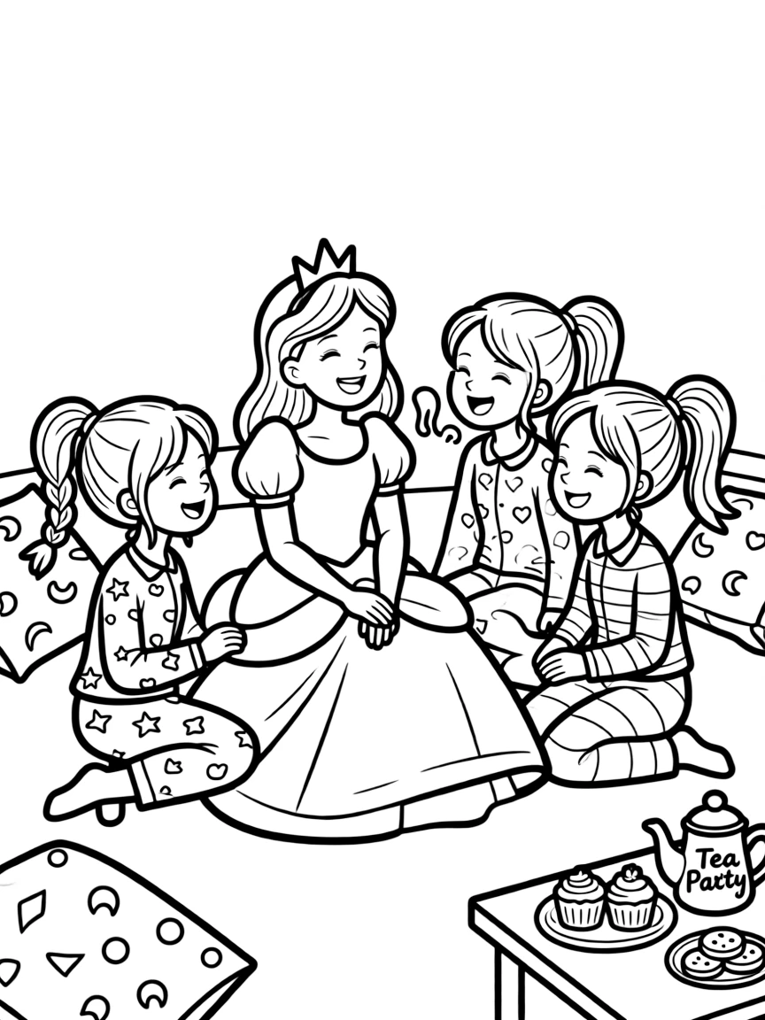 A princess having a slumber party with her best friends, giggling and telling stories.